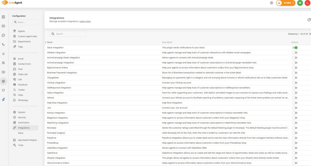 Integraties activeren in LiveAgent