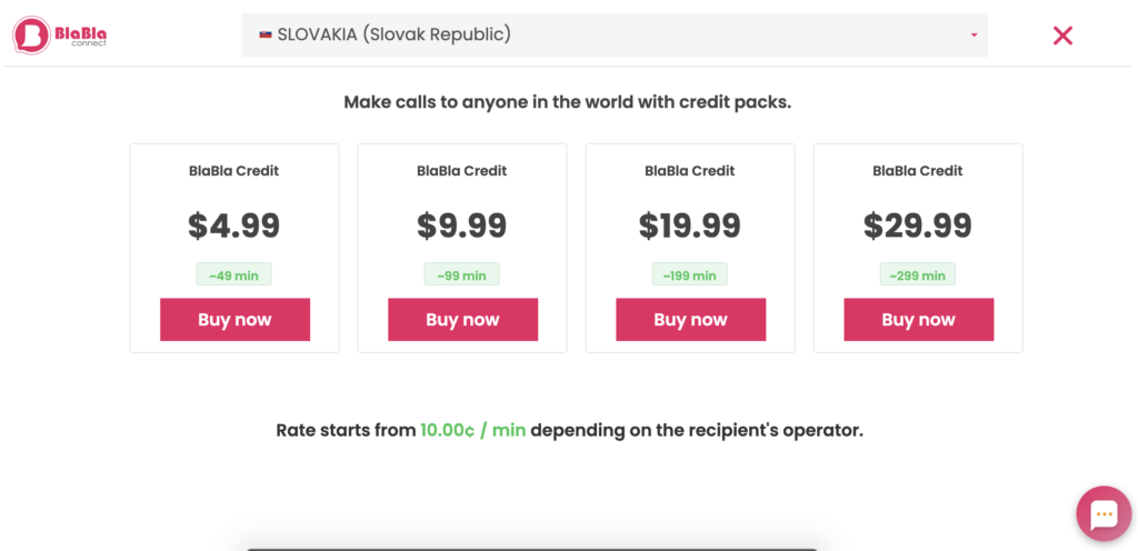 BlaBla Connect prijsplannen weergegeven op de website