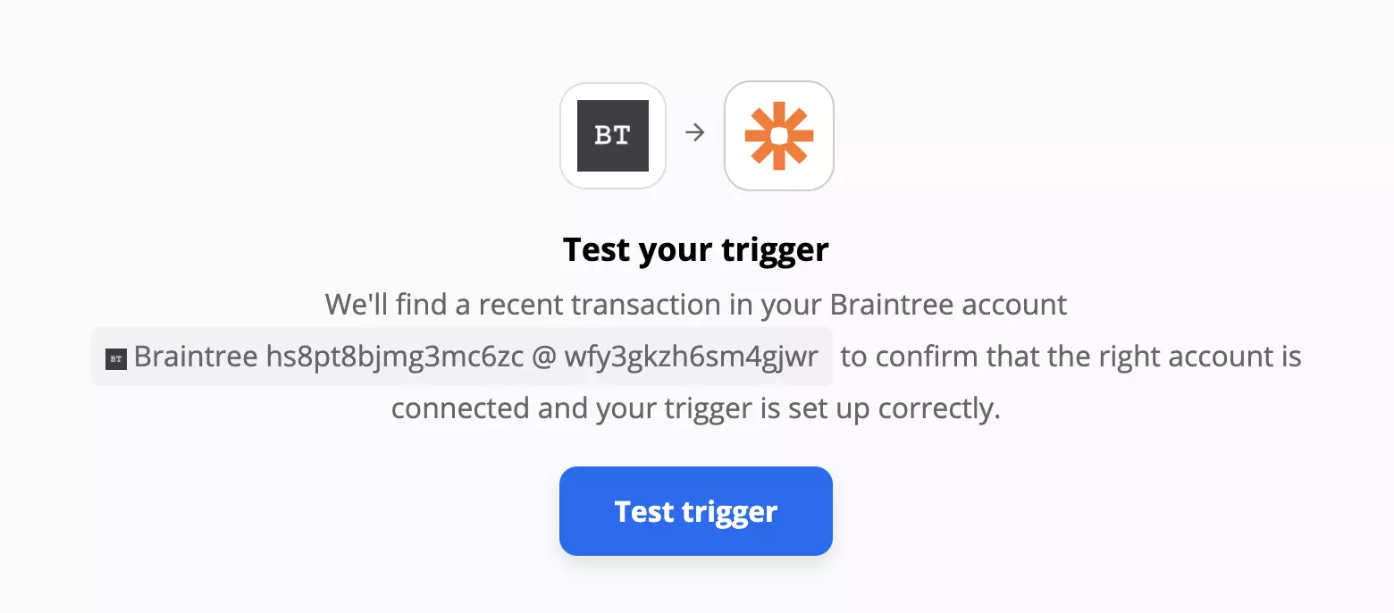 Braintree-triggertest op Zapier