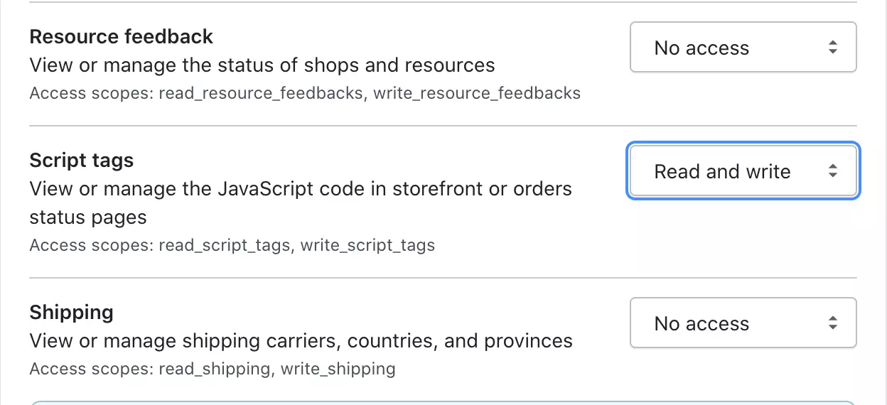 Wijzig Script tags-machtigingen naar Read and write in Shopify