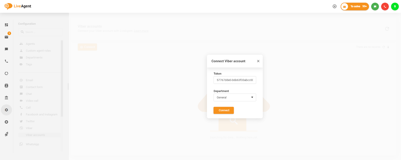 Het token in het venster Viber-account verbinden plaatsen