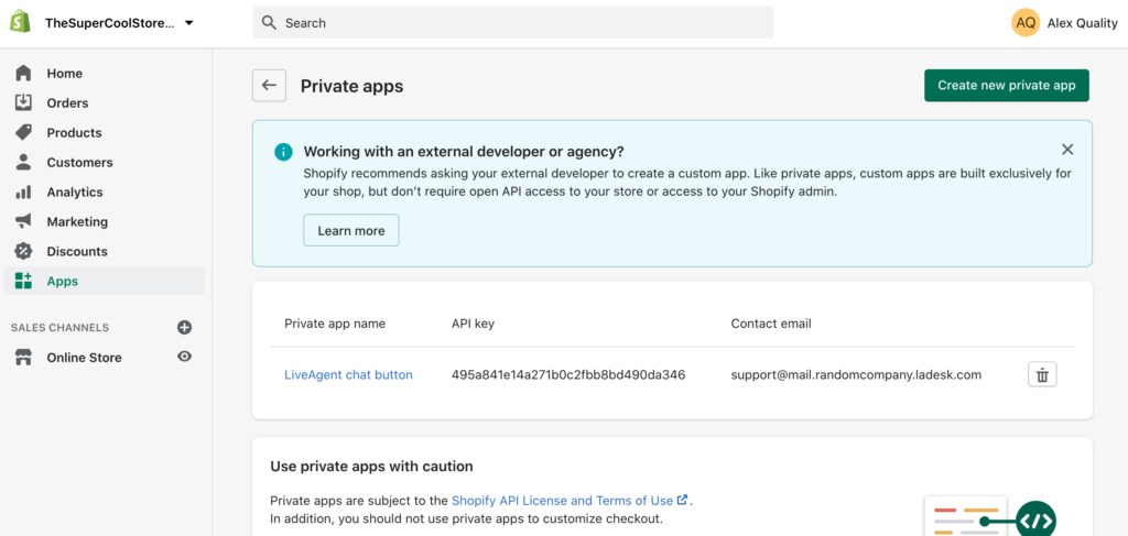 Maak een nieuwe privé-app in Shopify om een integratie met LiveAgent te maken
