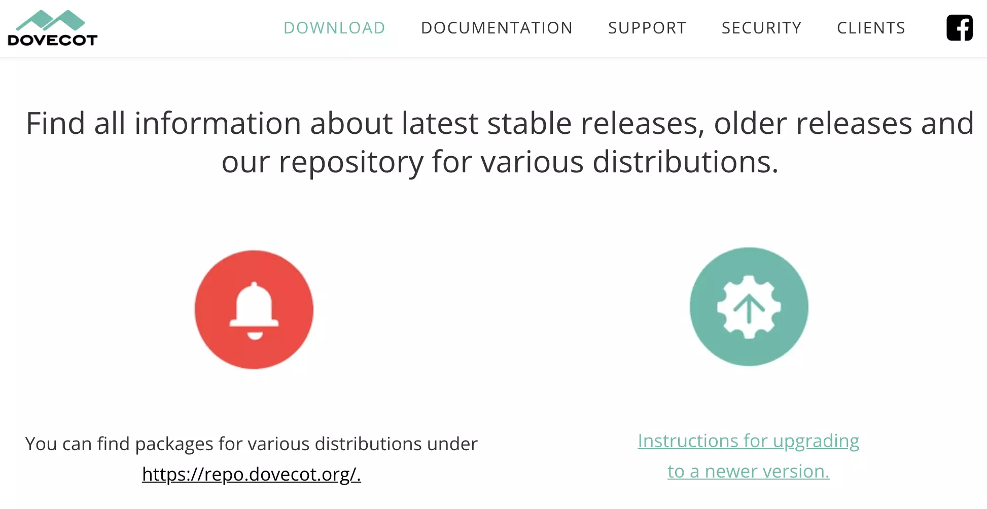 Dovecot-website met beschikbare downloads van de nieuwste versie