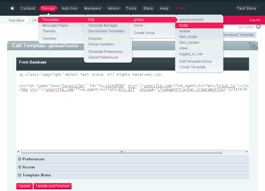 ExpressionEngine-websitecode met de LiveAgent-chatknopcode