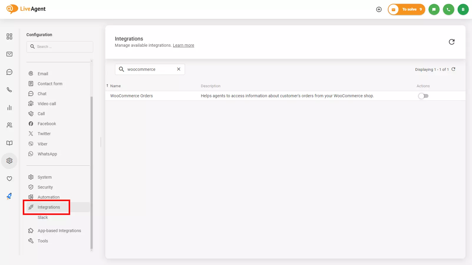 Afbeelding die aantoont waar u de Woocommerce-integratie in LiveAgent kunt vinden