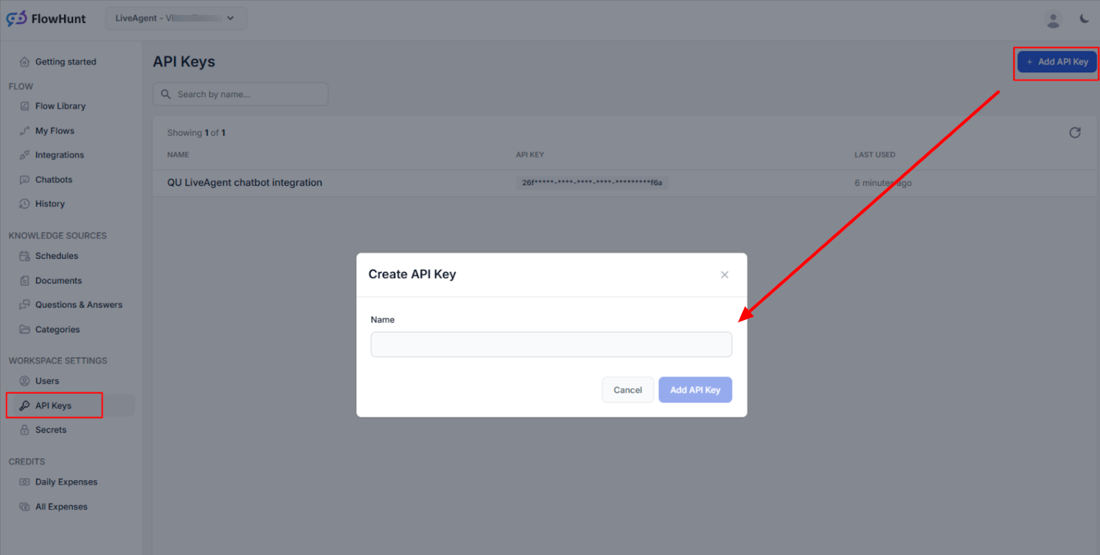 Een API-sleutel maken voor de integratie van de FlowHunt-werkruimte met LiveAgent