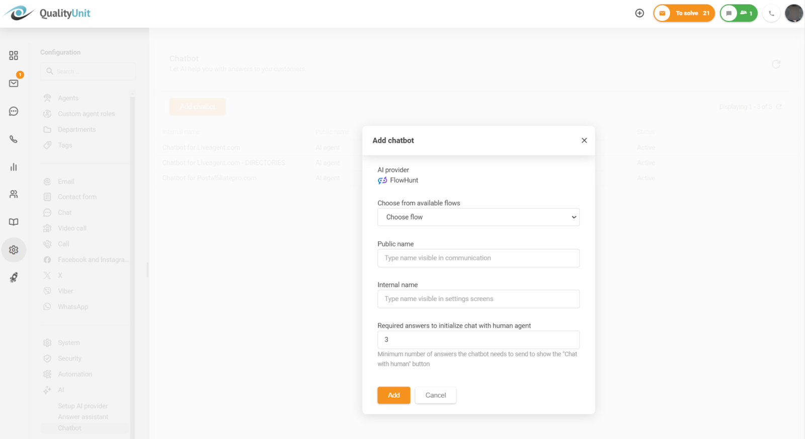 Het minimale aantal vereiste antwoorden configureren voordat de optie om met een mens te chatten wordt ingeschakeld