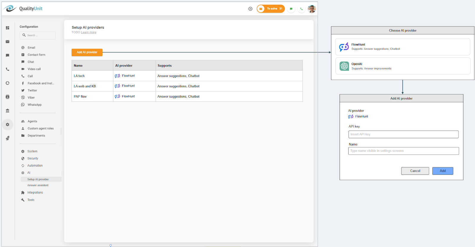 De LiveAgent AI-provider verbinden