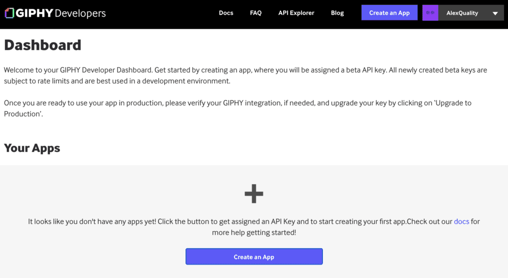 Giphy-dashboard met app-creatie-optie om een API-sleutel te genereren