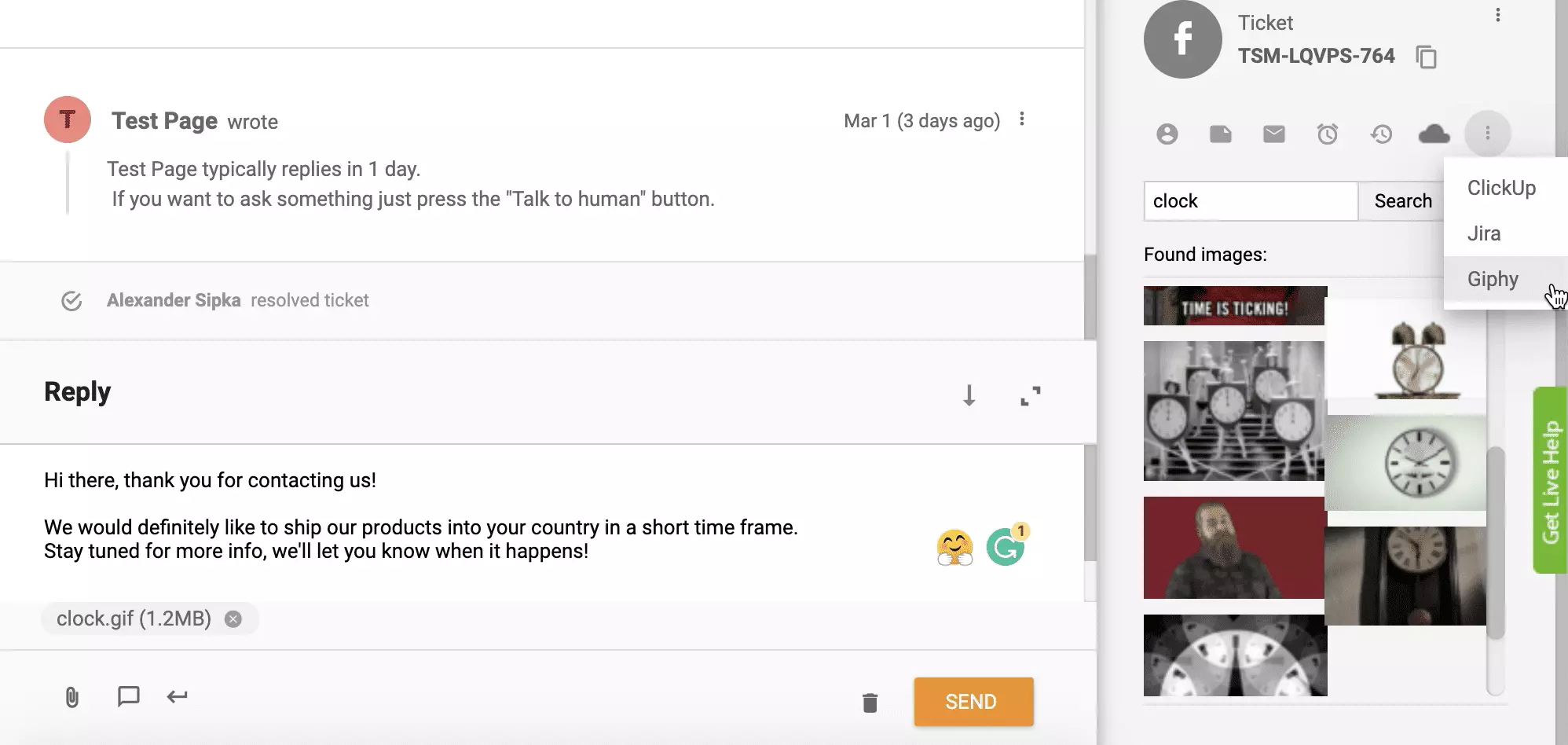 Giphy-integratie geactiveerd en functionerend in LiveAgent-ticketingsysteem