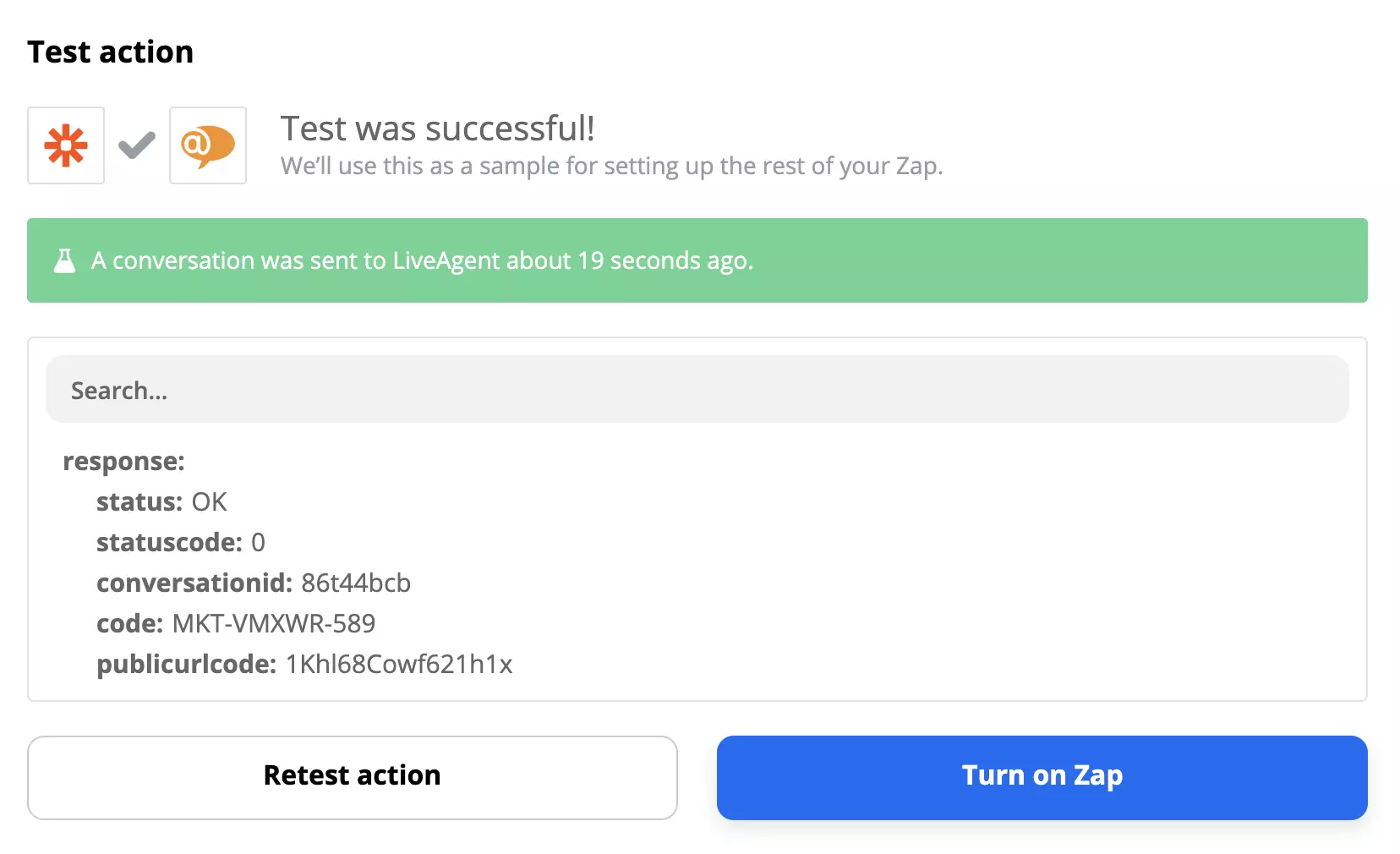 Voorbeeld van succesvolle LiveAgent en Gmail-test