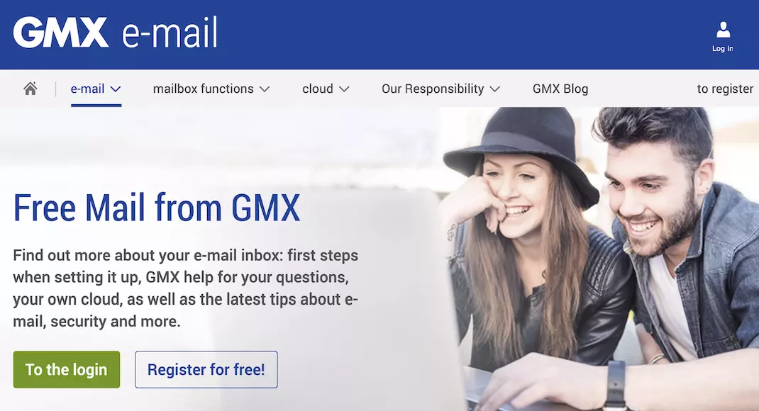 GMX-startpagina met registratie en aanmelding