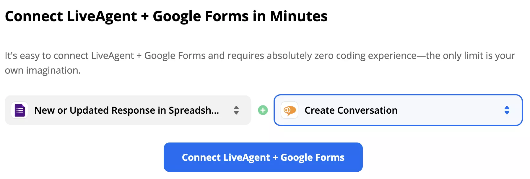 Een geselecteerde trigger voor Google Forms en actie voor LiveAgent