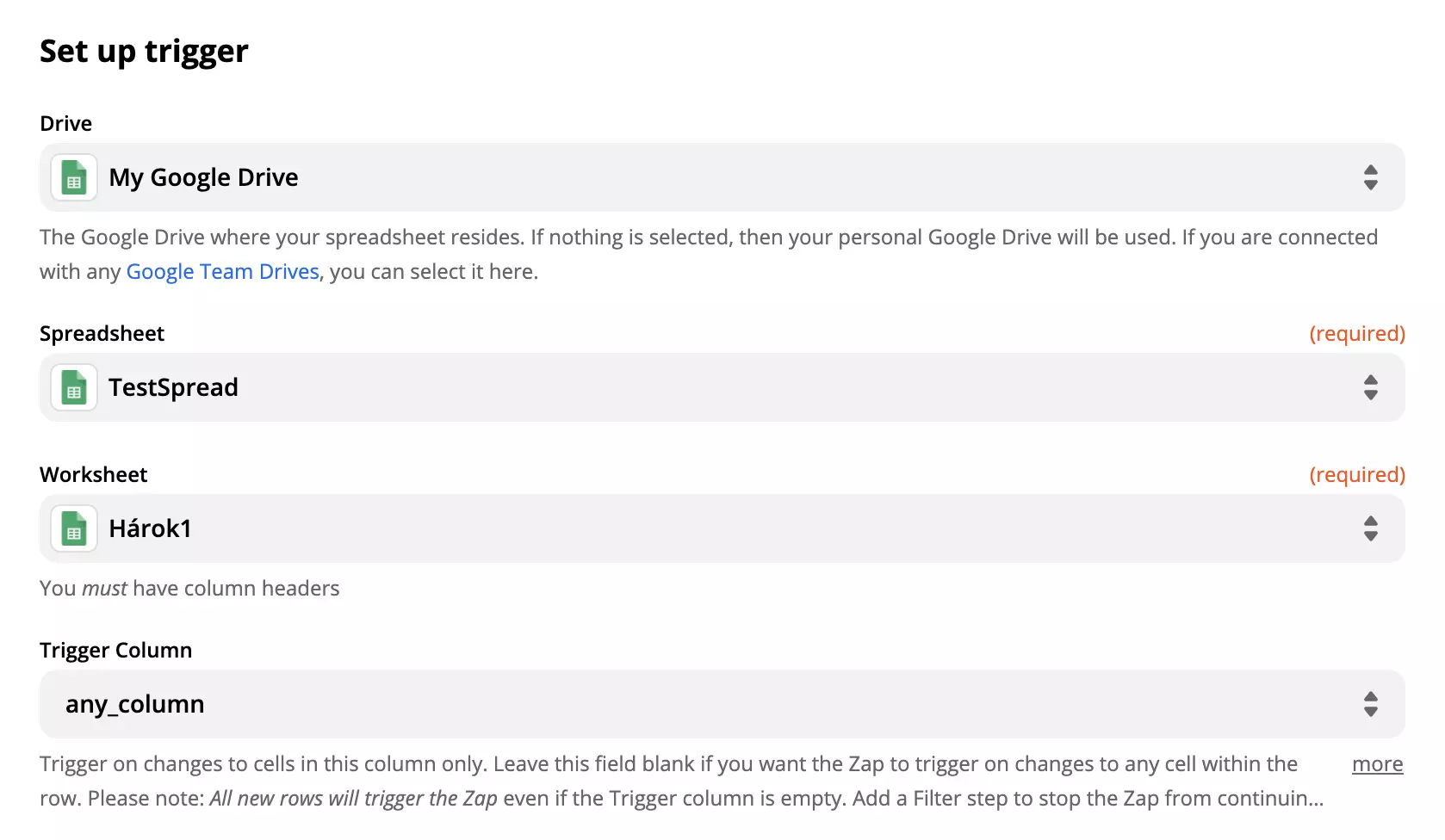 Google Sheets-triggerinstellingen en velden