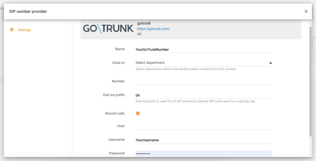Definitieve GoTrunk-configuratie in LiveAgent