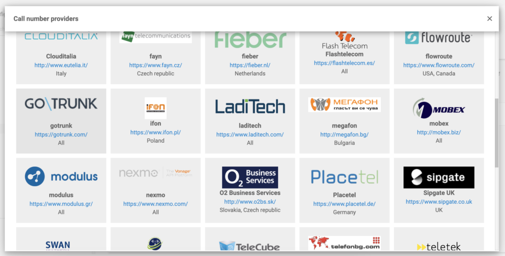 GoTrunk in de lijst met VoIP-providers in LiveAgent