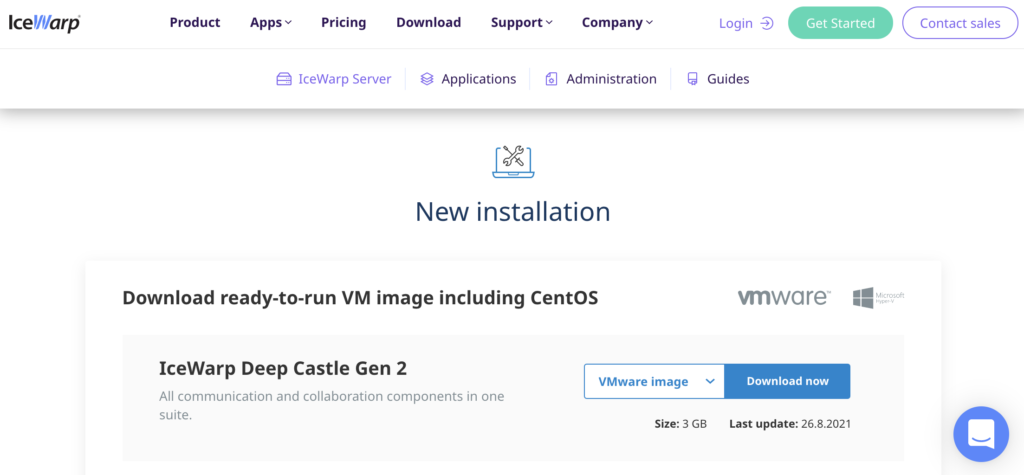 IceWarp-website met installatiesectie en downloadlinks