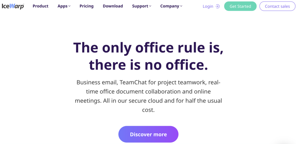 IceWarp homepage met slogan en onderliggende opties