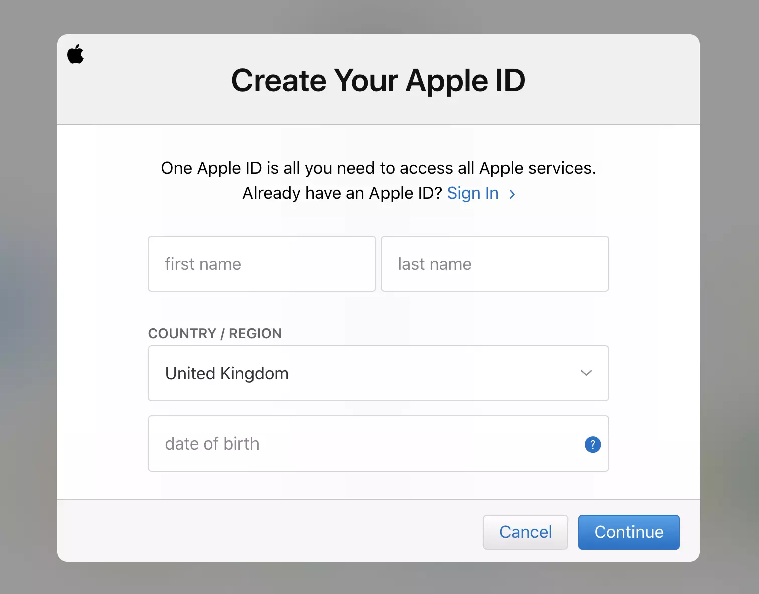 iCloud-account registratieformulier