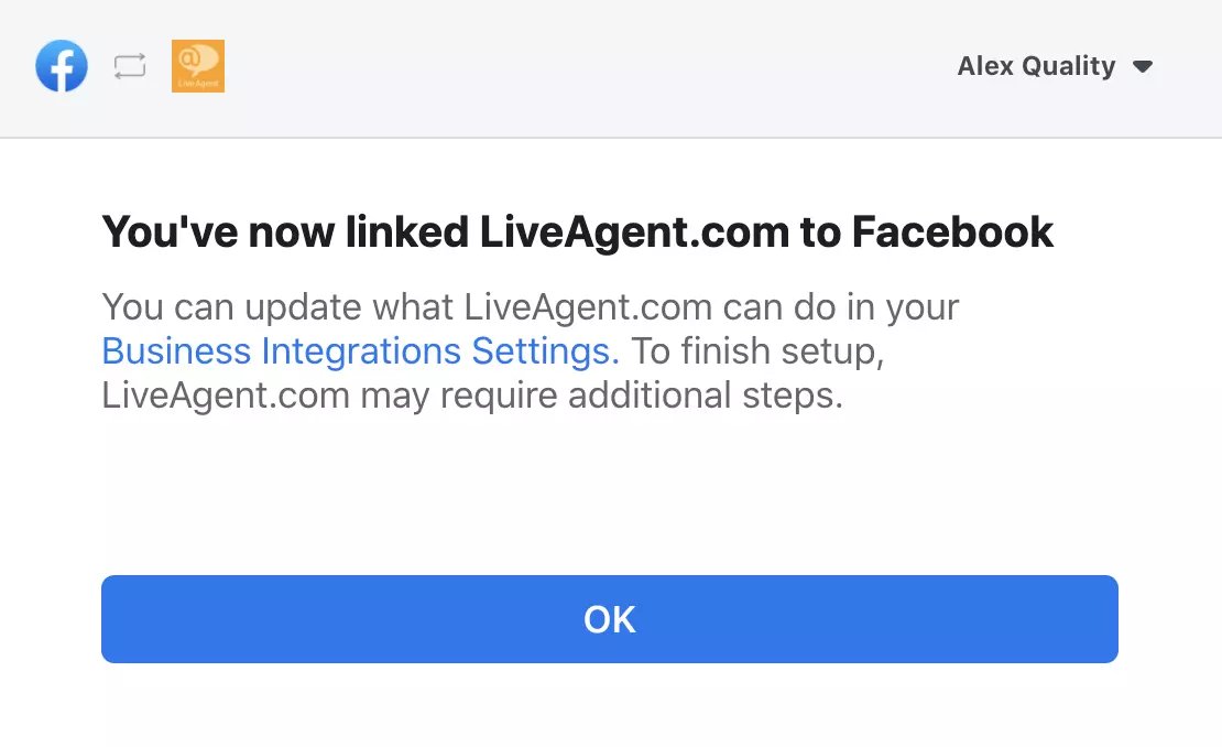 Pop-up venster ter bevestiging van de succesvolle integratie tussen Facebook en LiveAgent