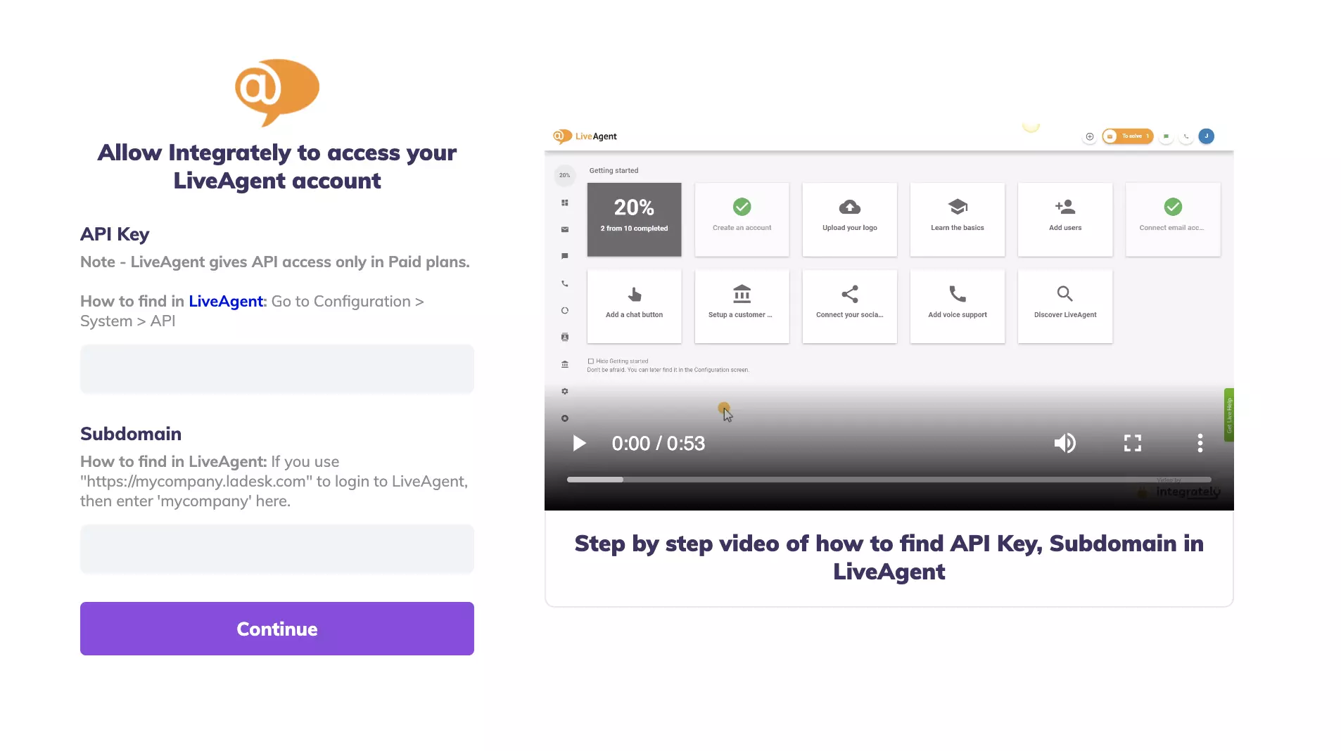 API-sleutel- en subdomeinvelden in Integrately-integratietest