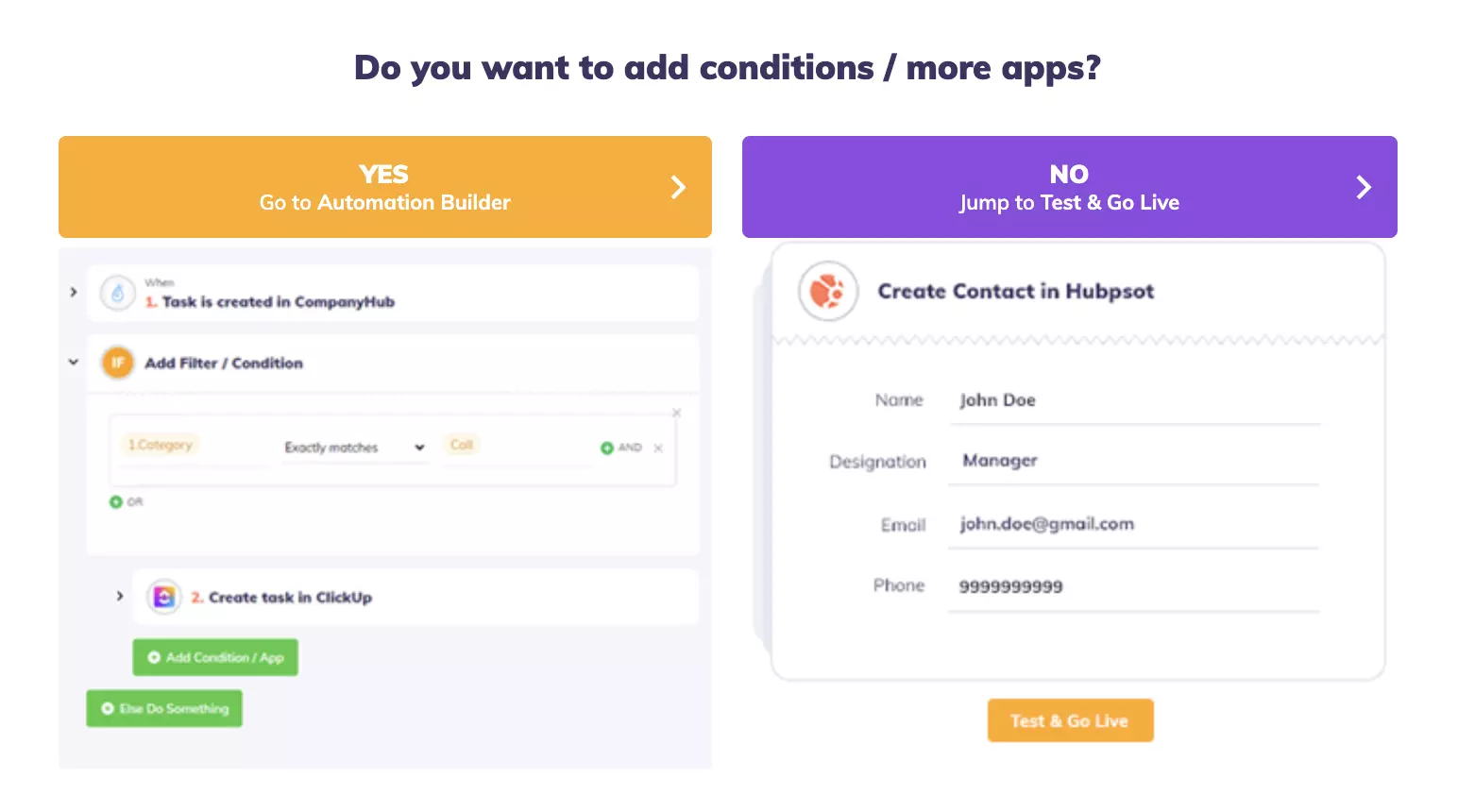 Automation builder kiezen of naar test gaan en de integratie live nemen