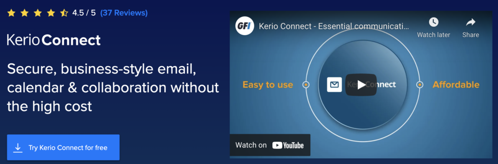 Kerio Connect-startpagina met gratis proefoptie