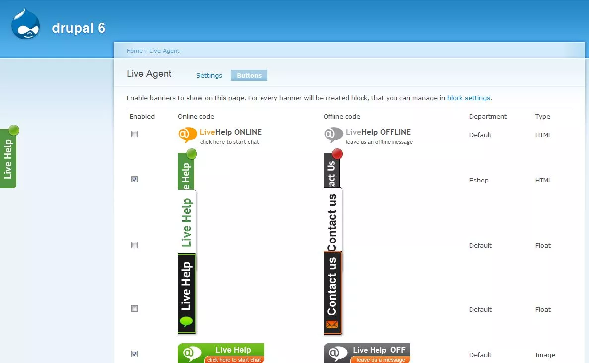 LiveAgent live chat knopsjablonen weergegeven in Drupal