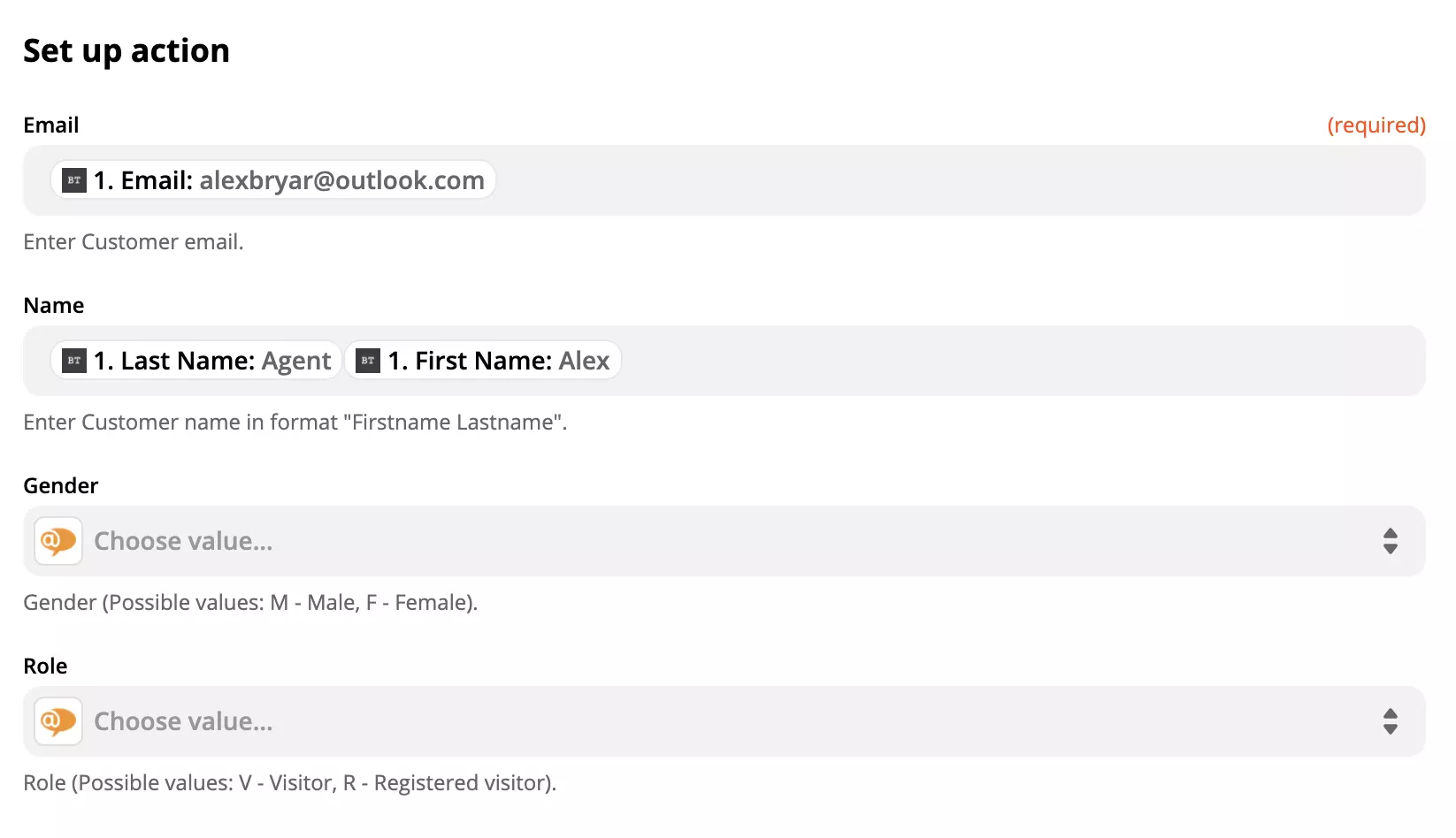LiveAgent-actieconfiguratie met gegevens in velden op Zapier