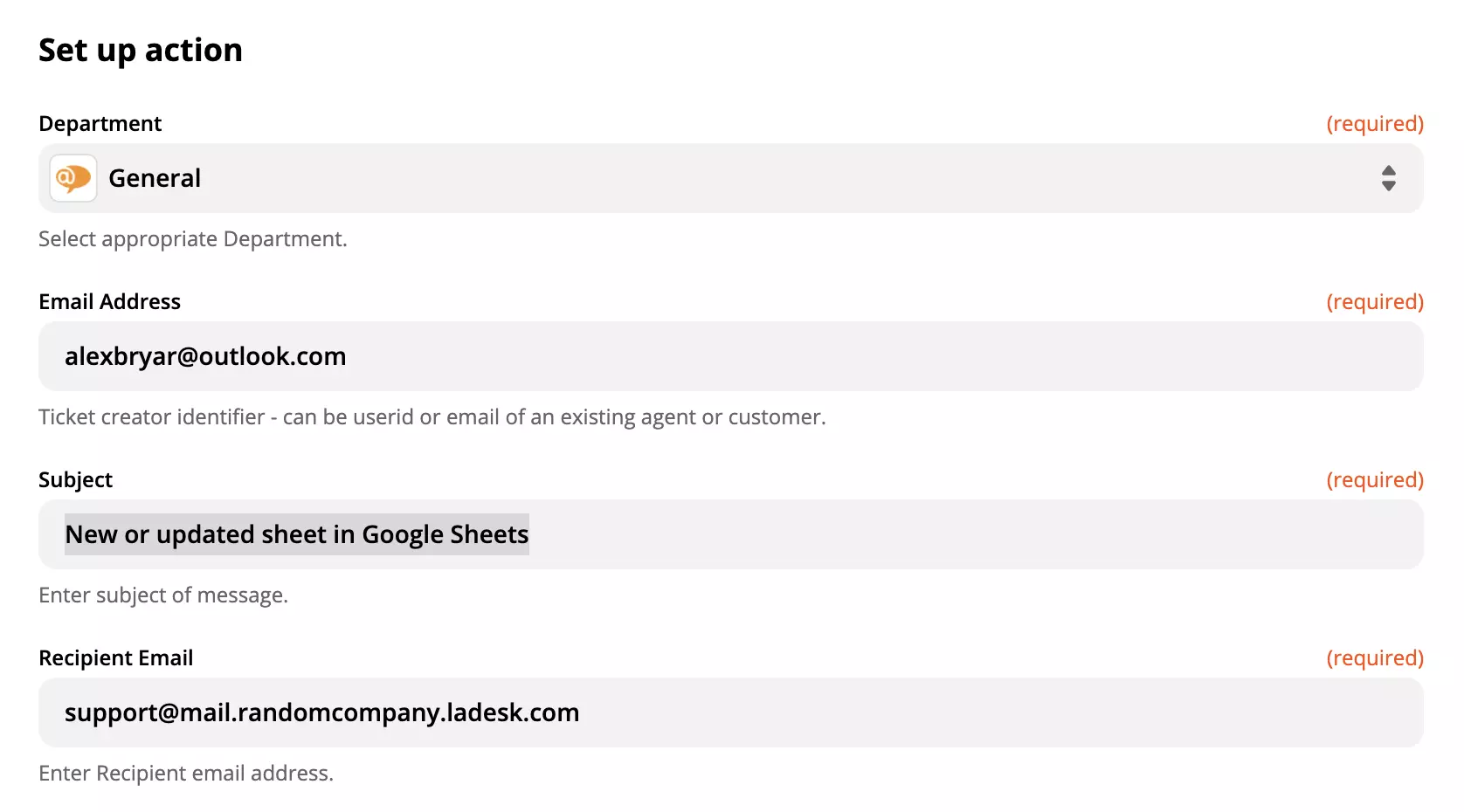 LiveAgent-actie-instellingen in Google Sheets-integratie