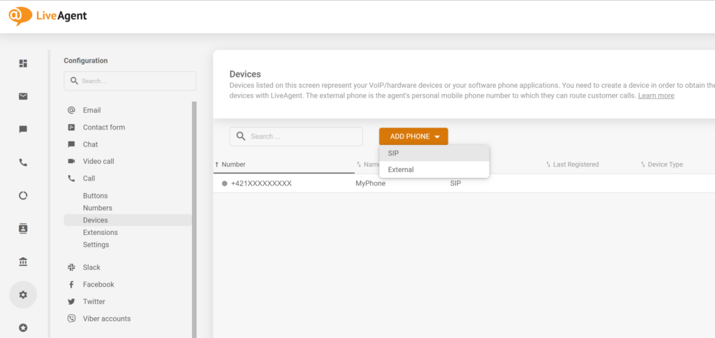 Een nieuwe SIP-telefoon toevoegen in LiveAgent-configuratie