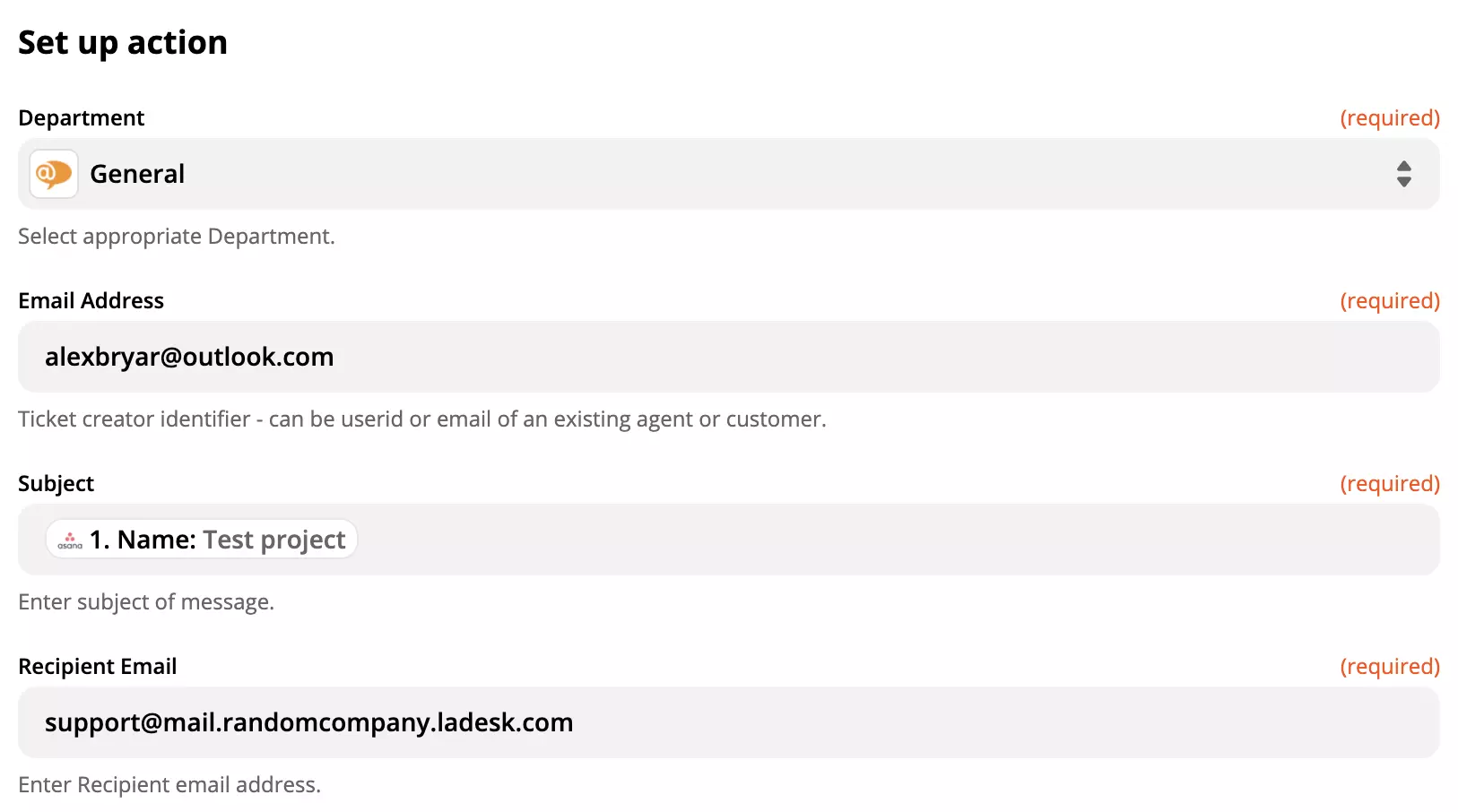 LiveAgent-actieinstellingen in Asana-integratie op Zapier