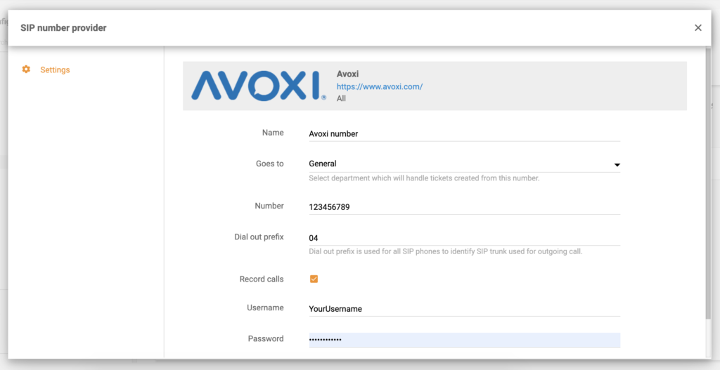 Avoxi-configuratie in LiveAgent-configuratie