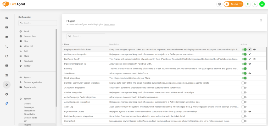 Actieve External info plugin in LiveAgent-configuratie