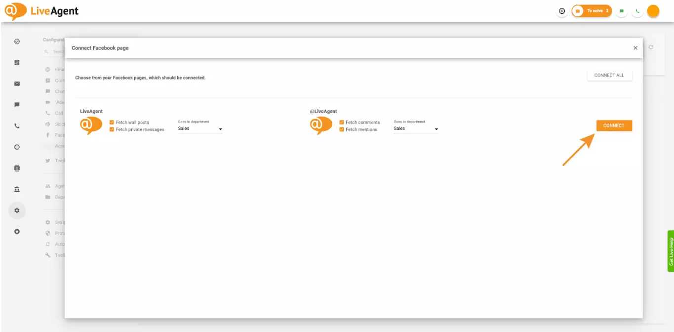 Vakjes in instellingen aanvinken waarmee LiveAgent opmerkingen en vermeldingen kan ophalen