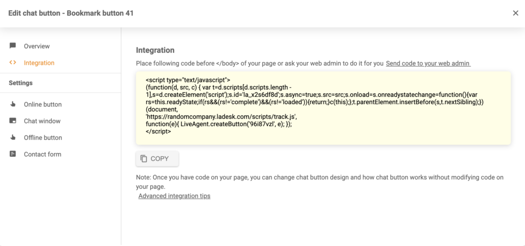 Gegenereerde integrationscode voor chatknop in LiveAgent