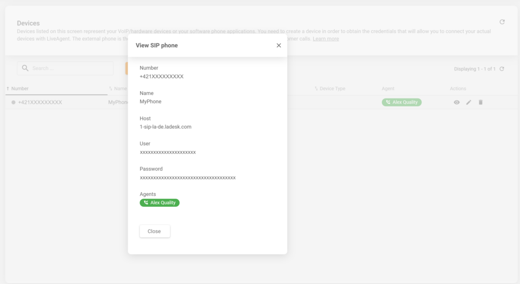 Details van een nieuw gemaakte SIP-telefoon in LiveAgent-configuratie