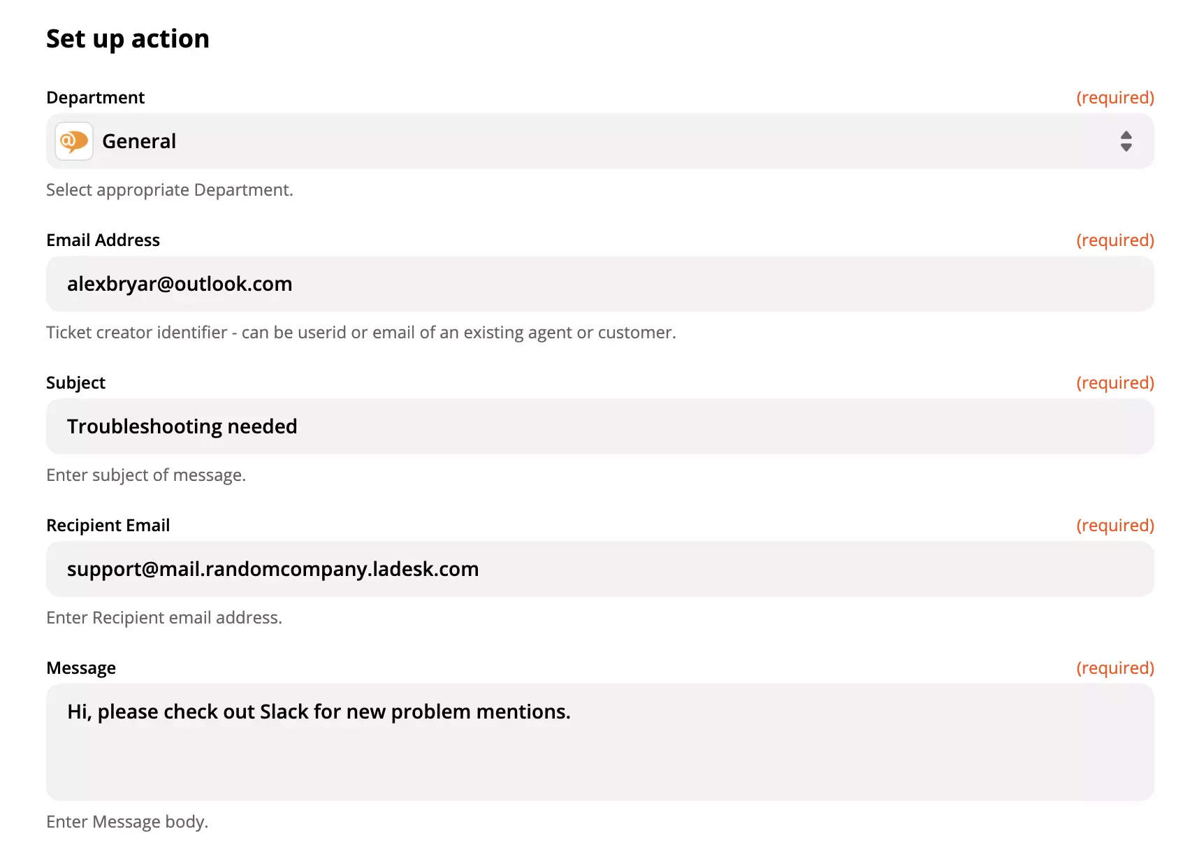 Ingevulde LiveAgent-actieconfiguratie