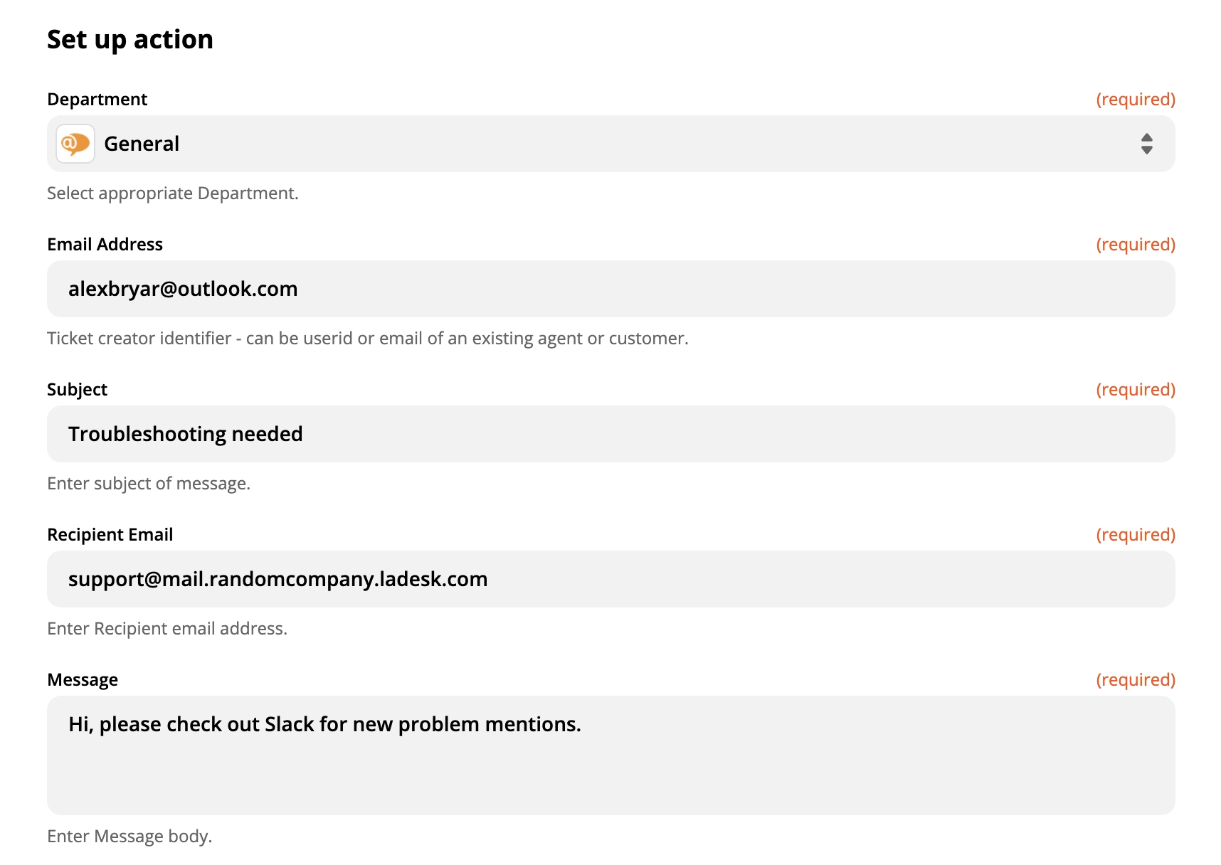 Voorbeeld van een LiveAgent-actie-instellingen op Zapier