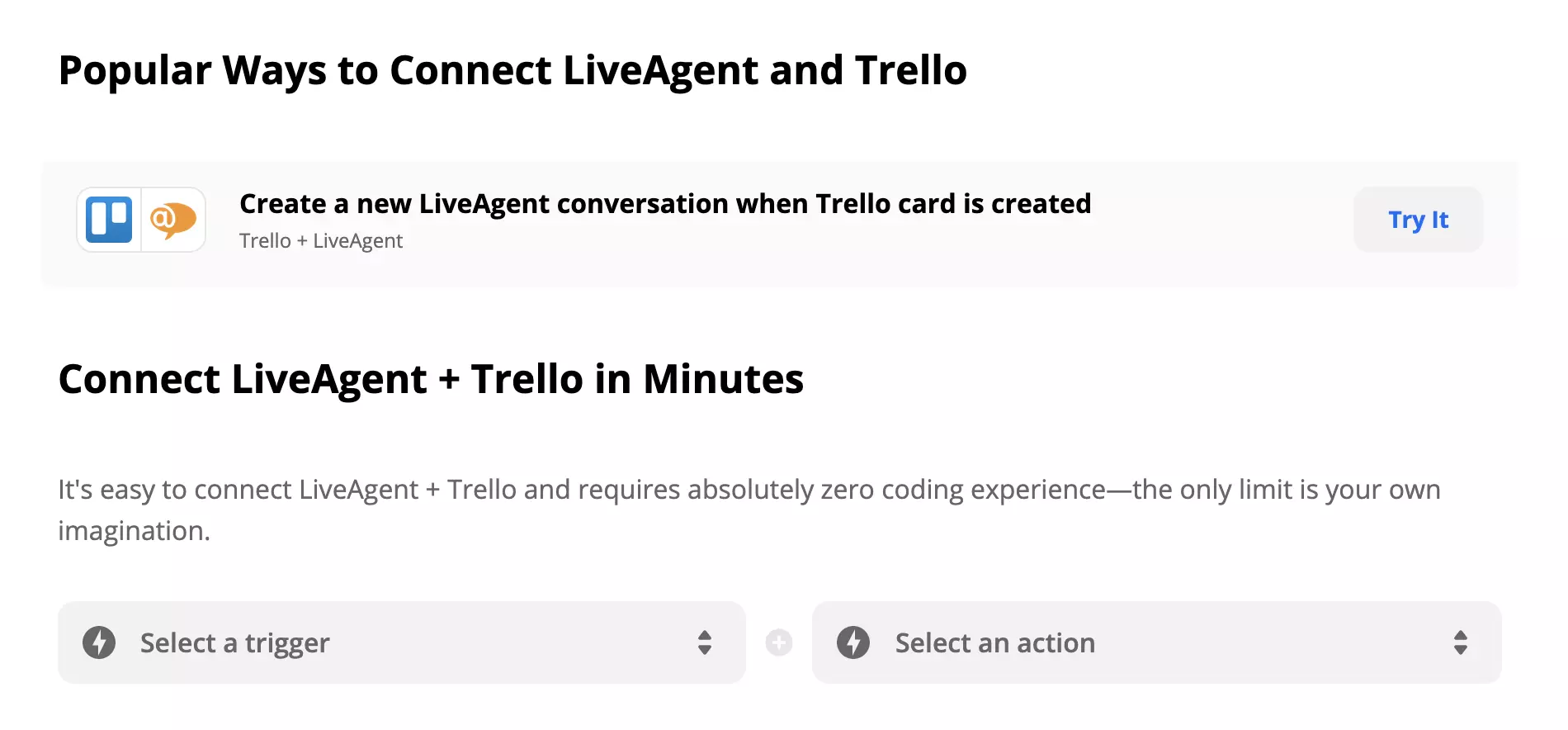 LiveAgent en Trello-integratie op Zapier met Trigger- en Actieselectie