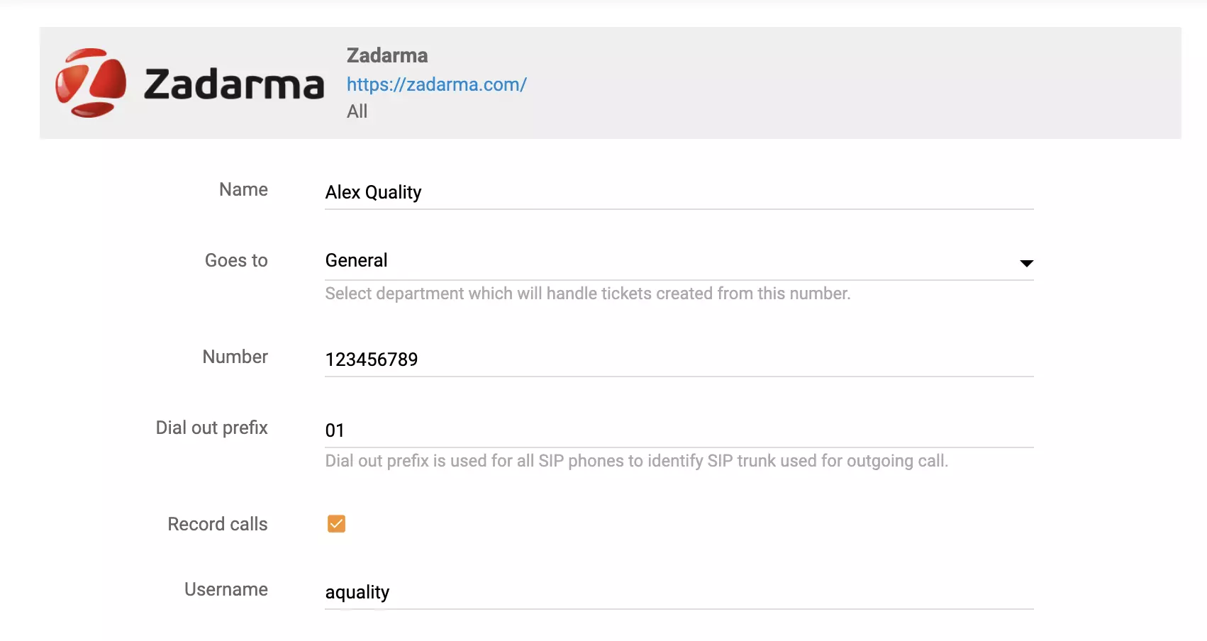 Zadarma belinstellingen in LiveAgent
