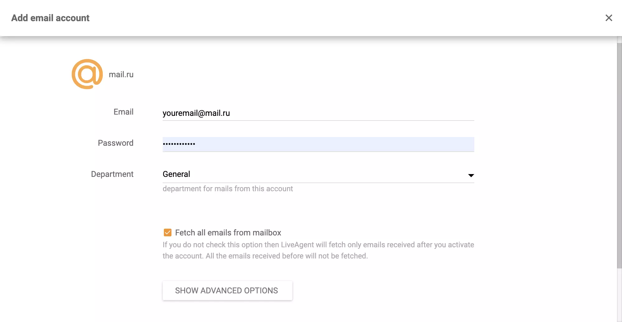 Mail.ru-configuratie in LiveAgent