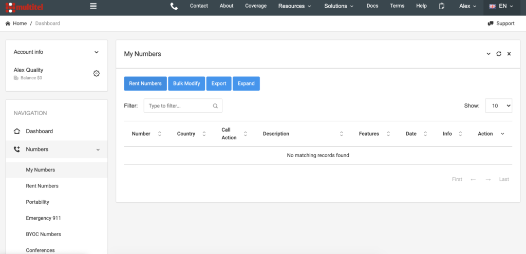 MultiTEL-dashboard met nummeropties
