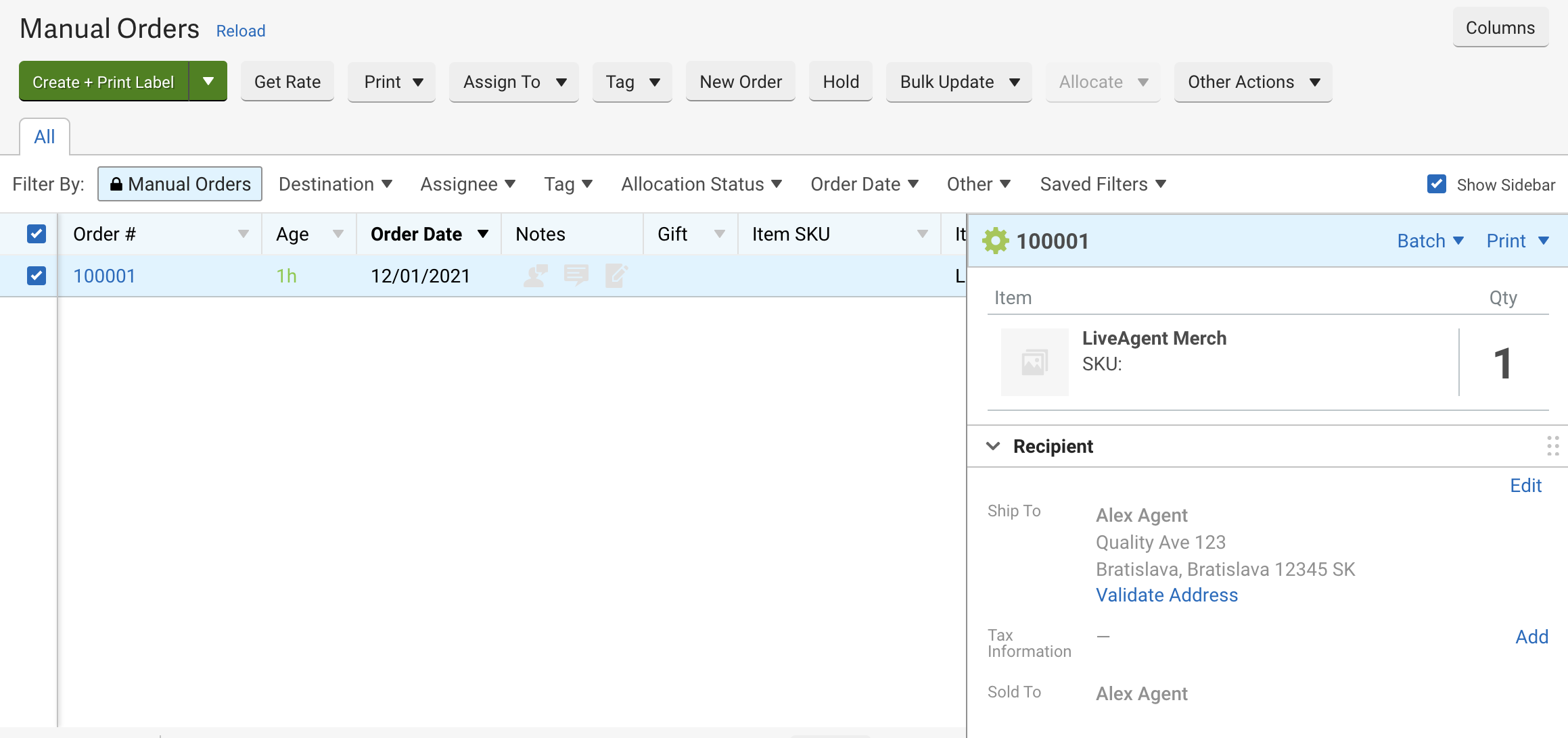 Een nieuwe bestelling aangemaakt in ShipStation