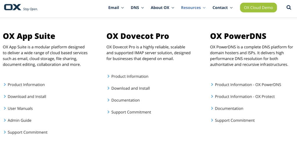 Open-Xchange-website met downloadopties en handleidingen
