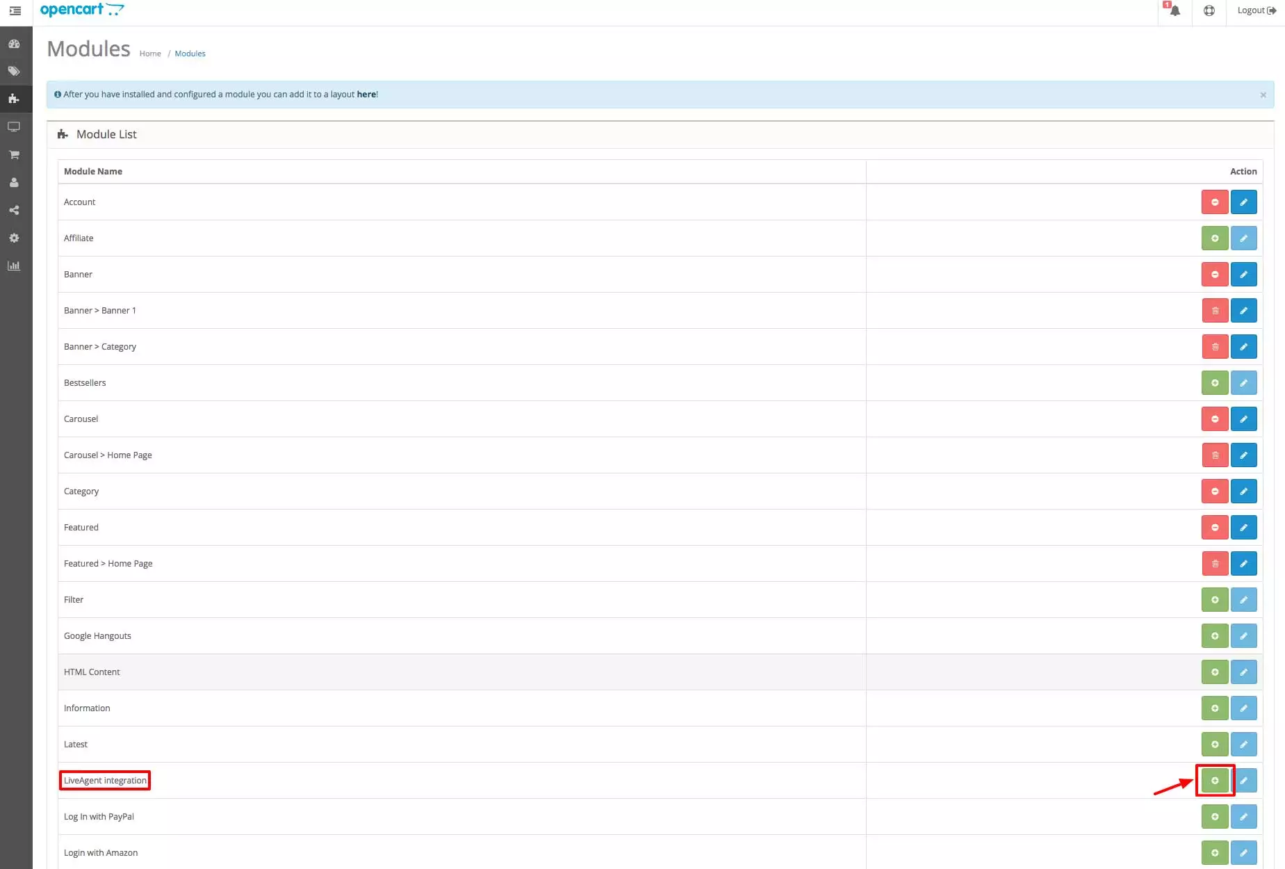 OpenCart LiveAgent-integratie - Modulessectie