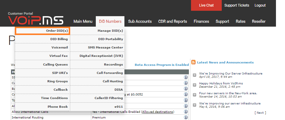 DID-nummersectie in VoIP.ms