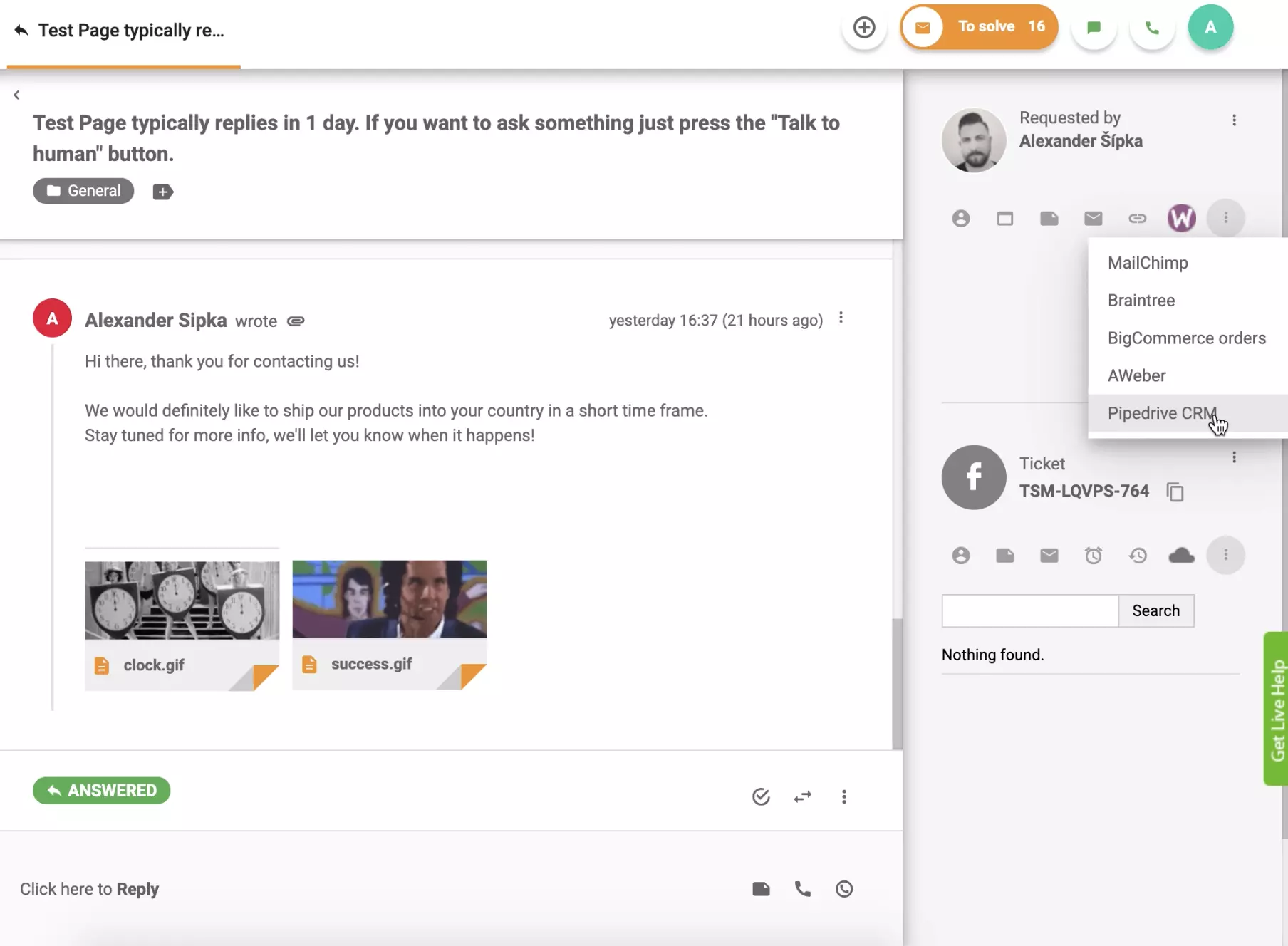 PipeDrive CRM is actief in LiveAgent-ticketweergave