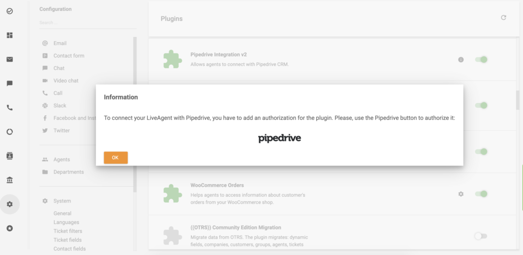 Klik op het PipeDrive-logo om door te gaan met de PipeDrive-integratie voor LiveAgent
