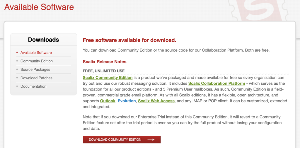 Scalix website with available downloads and edition information